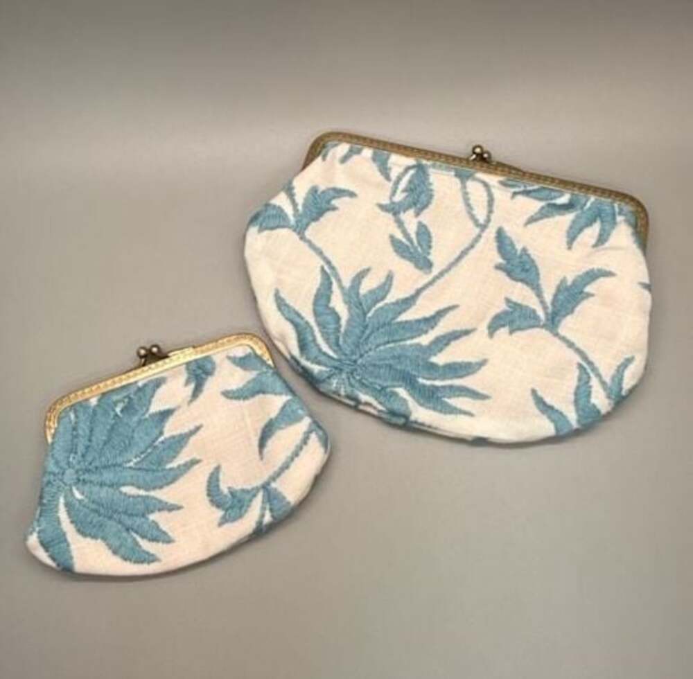 Handmade Hand Embroidered Tropical Kiss Lock Coin Purse Set Blue Ivory OOAK Vtg